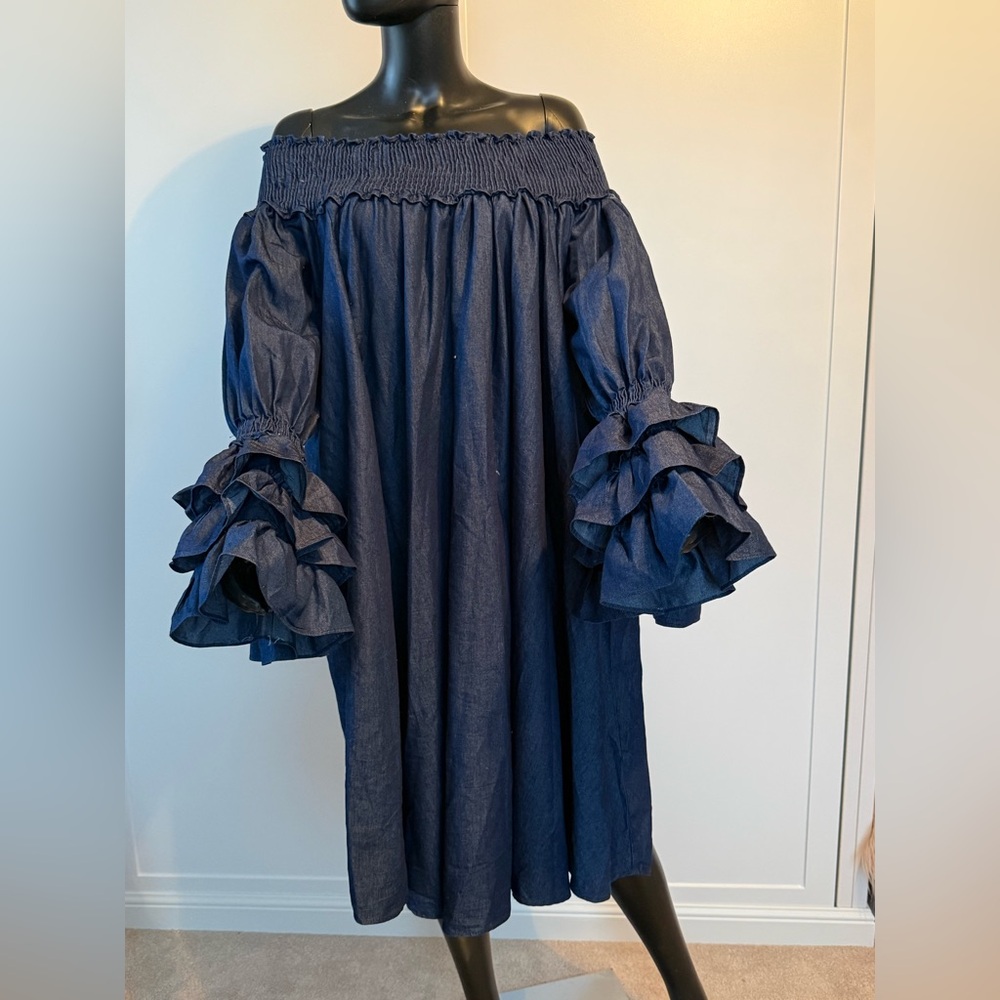 Elegant Navy Denim Off-Shoulder Dress with Ruffle Sleeves